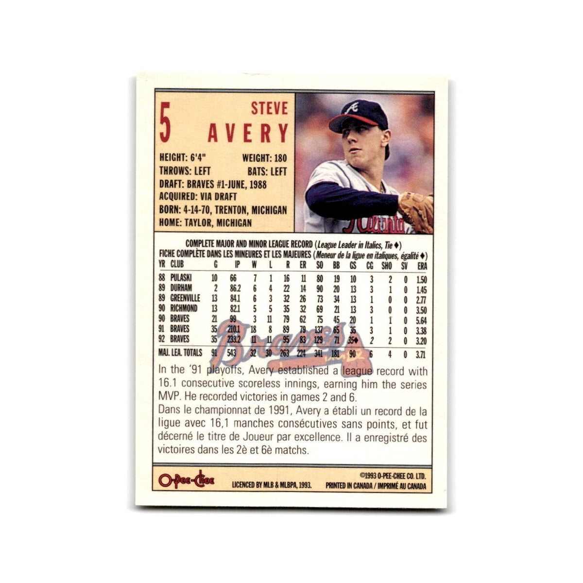 Steve Avery 1993 O-Pee-Chee #5 Atlanta Braves Baseball Card NM