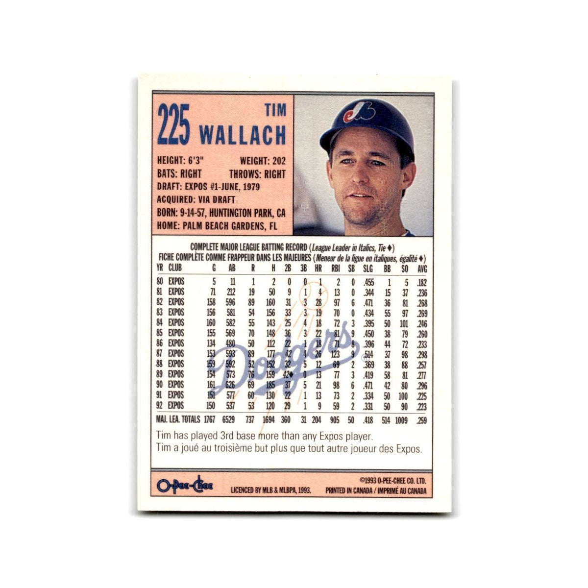 Tim Wallach 1993 O-Pee-Chee #225 Los Angeles Dodgers Baseball Card NM