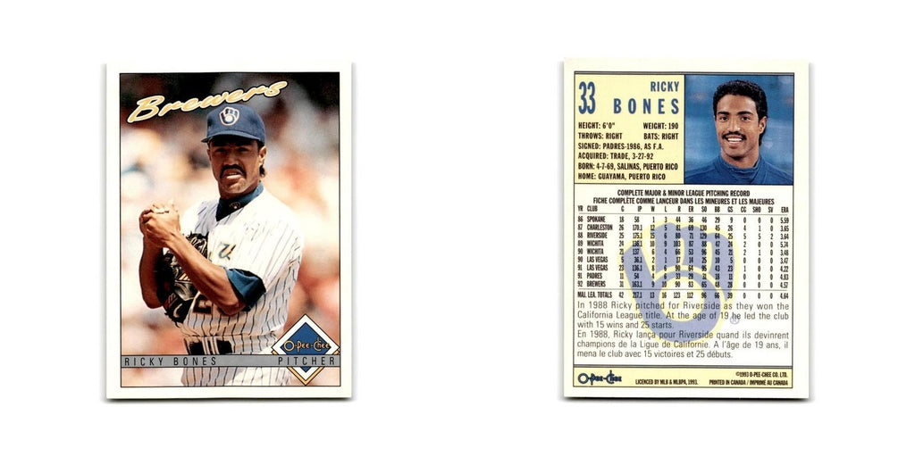 Ricky Bones 1993 O-Pee-Chee #33 Milwaukee Brewers Baseball Card NM