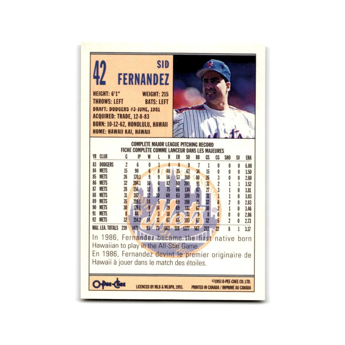 Sid Fernandez 1993 O-Pee-Chee #42 New York Mets Baseball Card NM