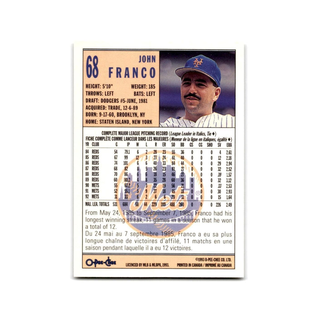 John Franco 1993 O-Pee-Chee #68 New York Mets Baseball Card NM
