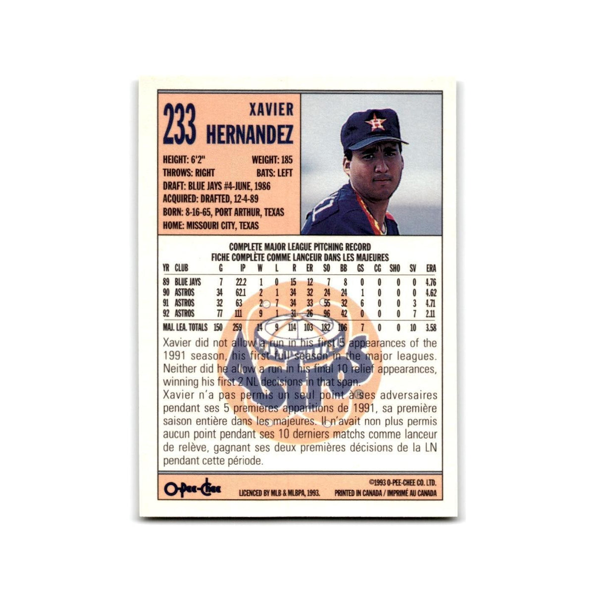 Xavier Hernandez 1993 O-Pee-Chee #233 Houston Astros Baseball Card NM