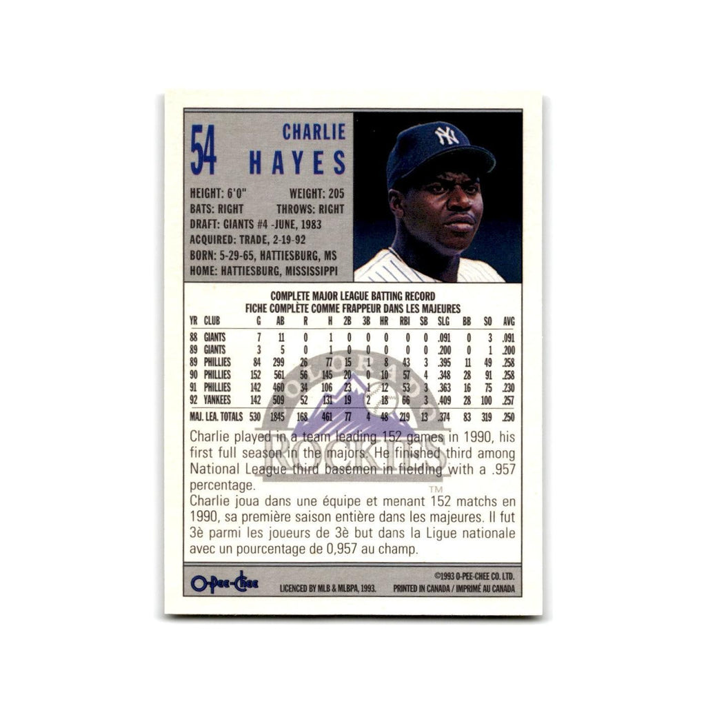 Charlie Hayes 1993 O-Pee-Chee #54 Colorado Rockies Baseball Card NM
