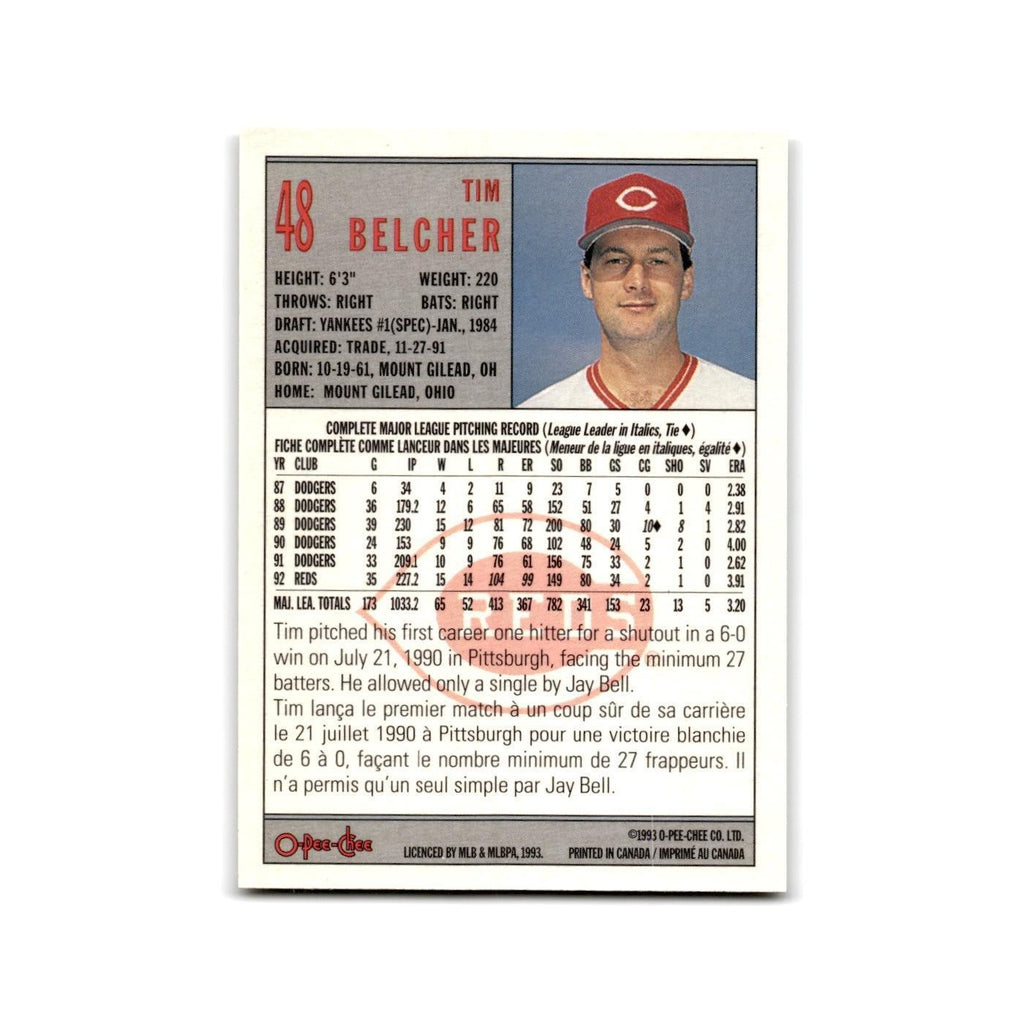 Tim Belcher 1993 O-Pee-Chee #48 Cincinnati Reds Baseball Card NM