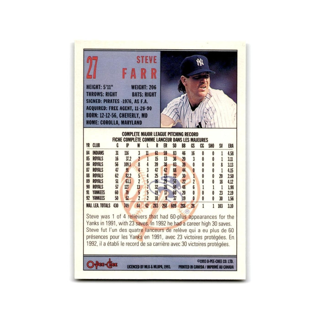 Steve Farr 1993 O-Pee-Chee #27 New York Yankees Baseball Card NM