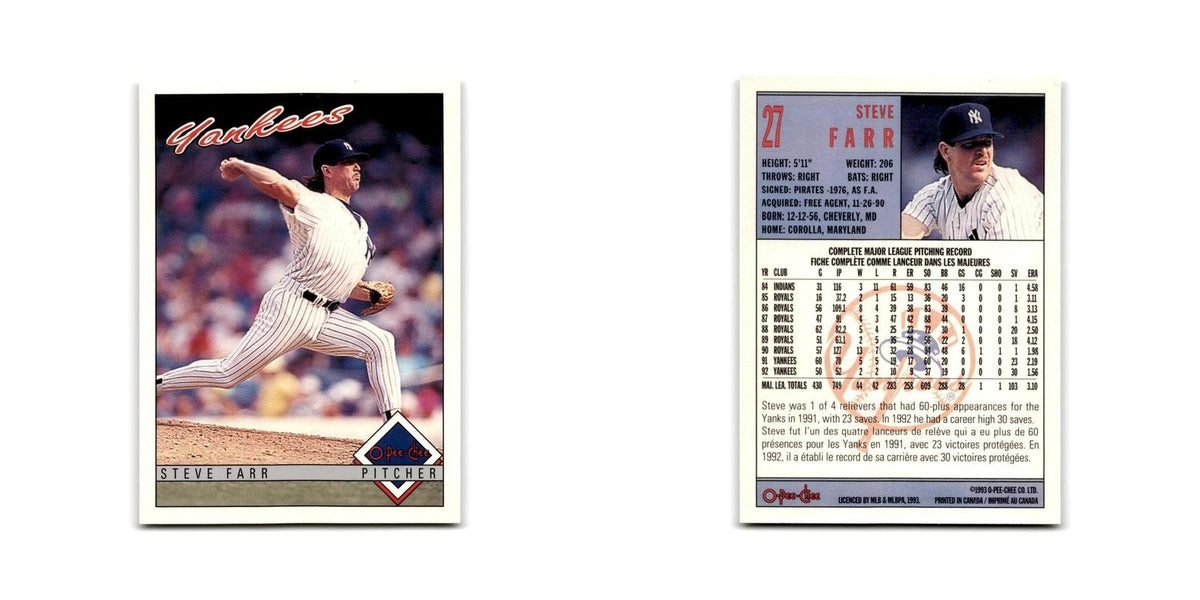 Steve Farr 1993 O-Pee-Chee #27 New York Yankees Baseball Card NM