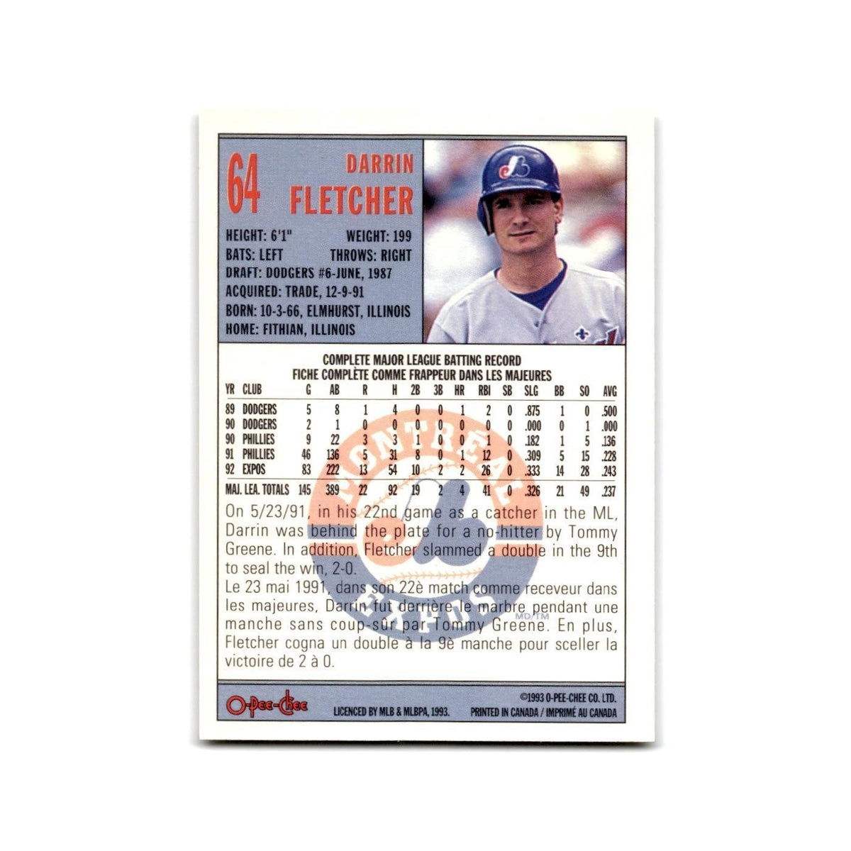 Darrin Fletcher 1993 O-Pee-Chee #64 Montreal Expos Baseball Card NM