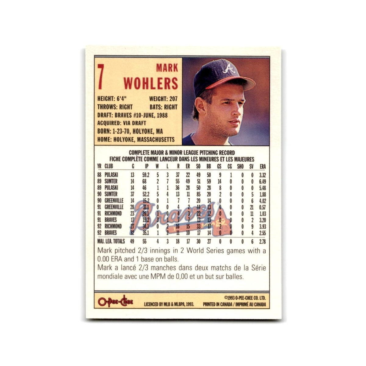 Mark Wohlers 1993 O-Pee-Chee #7 Atlanta Braves Baseball Card NM