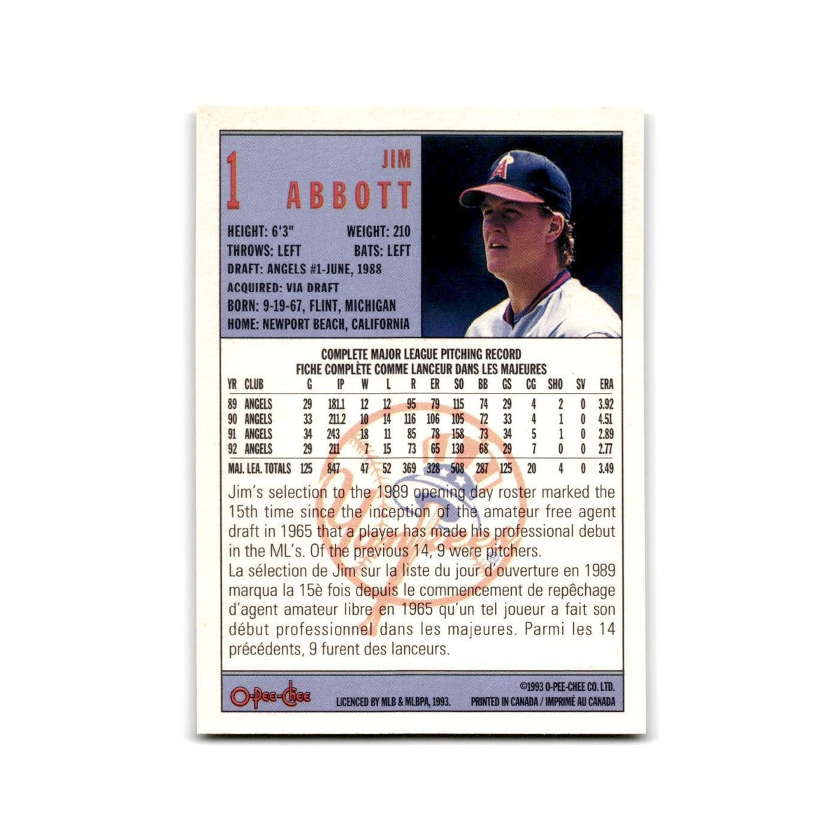Jim Abbott 1993 O-Pee-Chee #1 New York Yankees Baseball Card NM