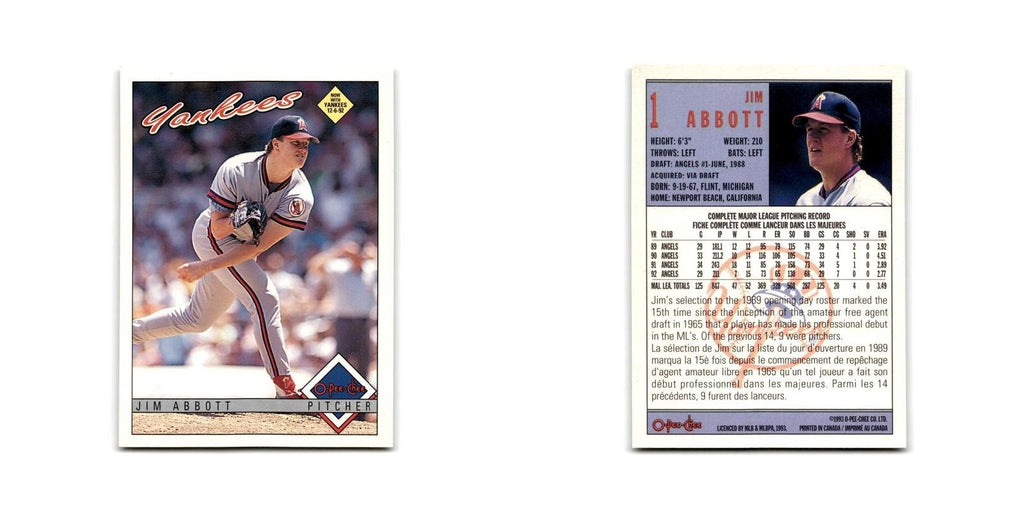 Jim Abbott 1993 O-Pee-Chee #1 New York Yankees Baseball Card NM