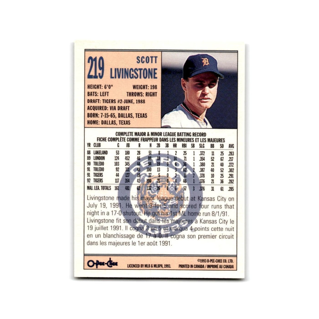 Scott Livingstone 1993 O-Pee-Chee #219 Detroit Tigers Baseball Card NM