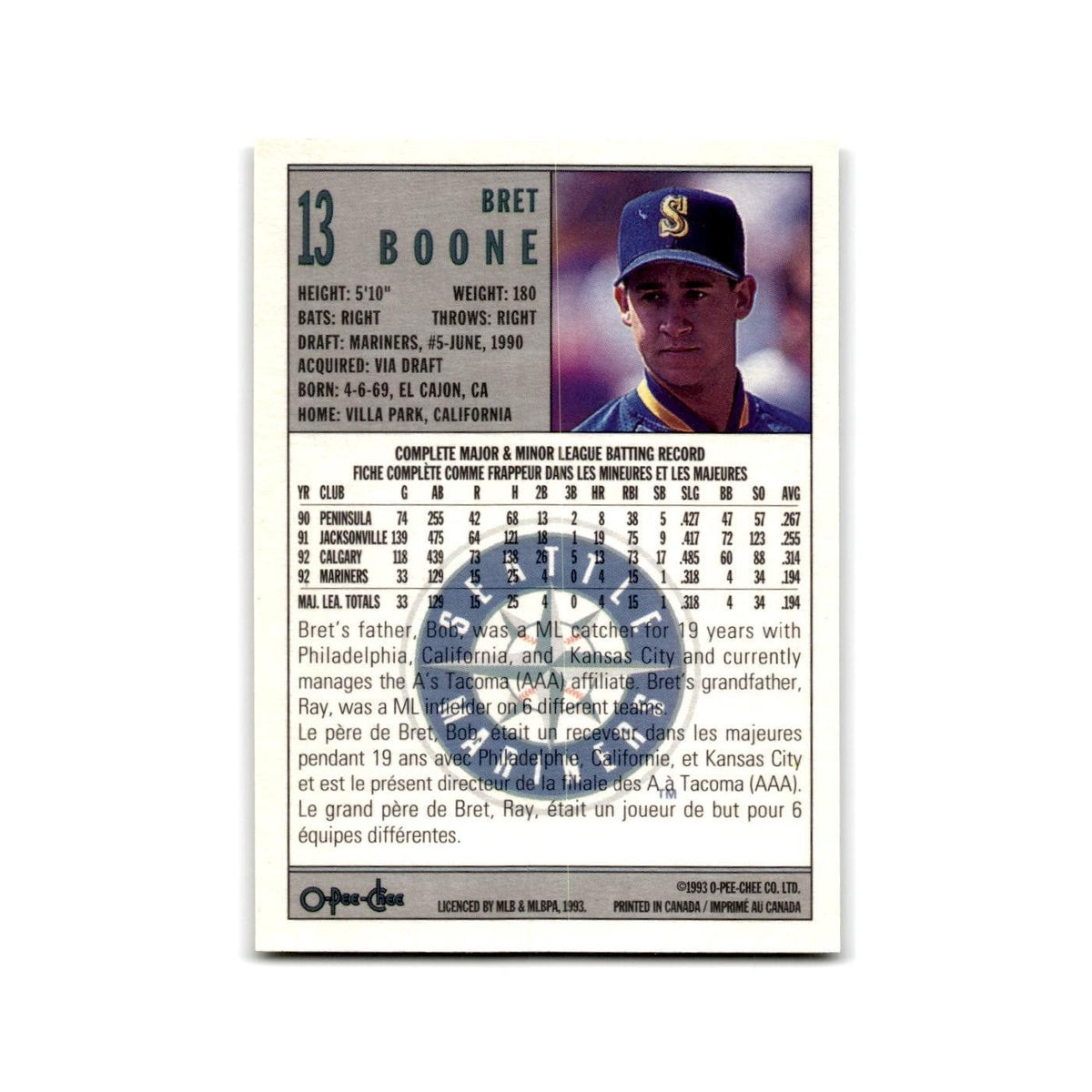 Bret Boone 1993 O-Pee-Chee #13 Seattle Mariners Baseball Card NM