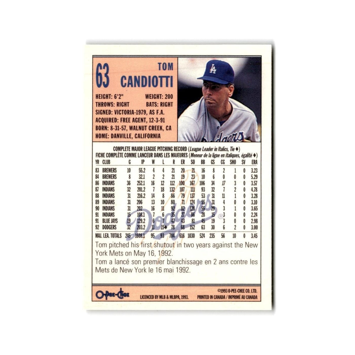 Tom Candiotti 1993 O-Pee-Chee #63 Los Angeles Dodgers Baseball Card NM
