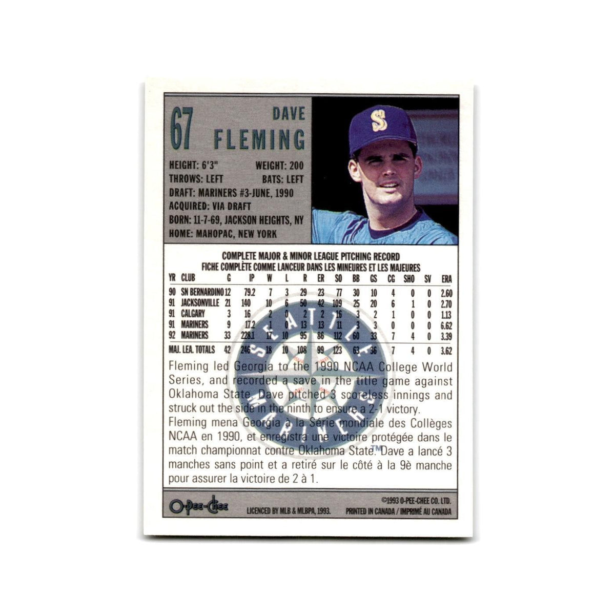 Dave Fleming 1993 O-Pee-Chee #67 Seattle Mariners Baseball Card NM
