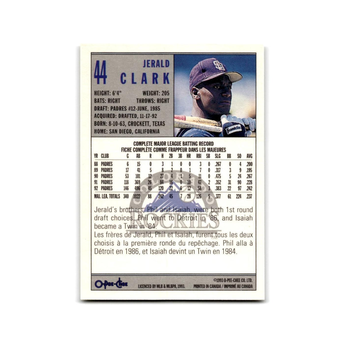 Jerald Clark 1993 O-Pee-Chee #44 Colorado Rockies Baseball Card NM