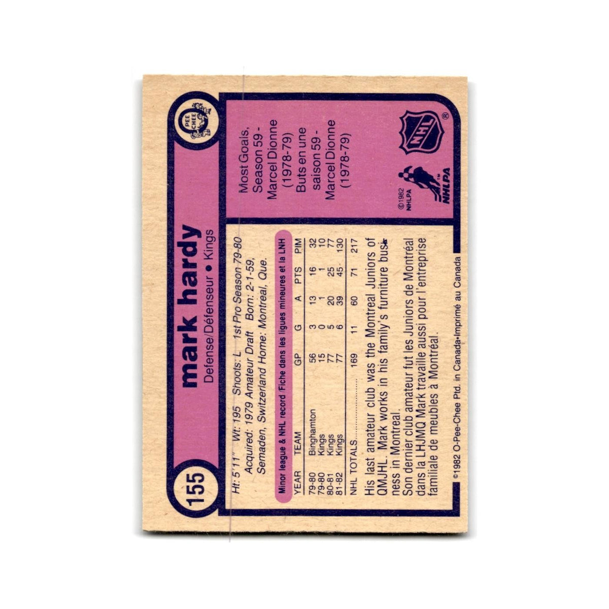 1982 O-Pee-Chee Mark Hardy RC Los Angeles Kings #155