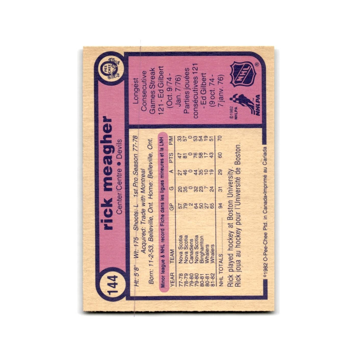1982 O-Pee-Chee Rick Meagher RC New Jersey Devils #144