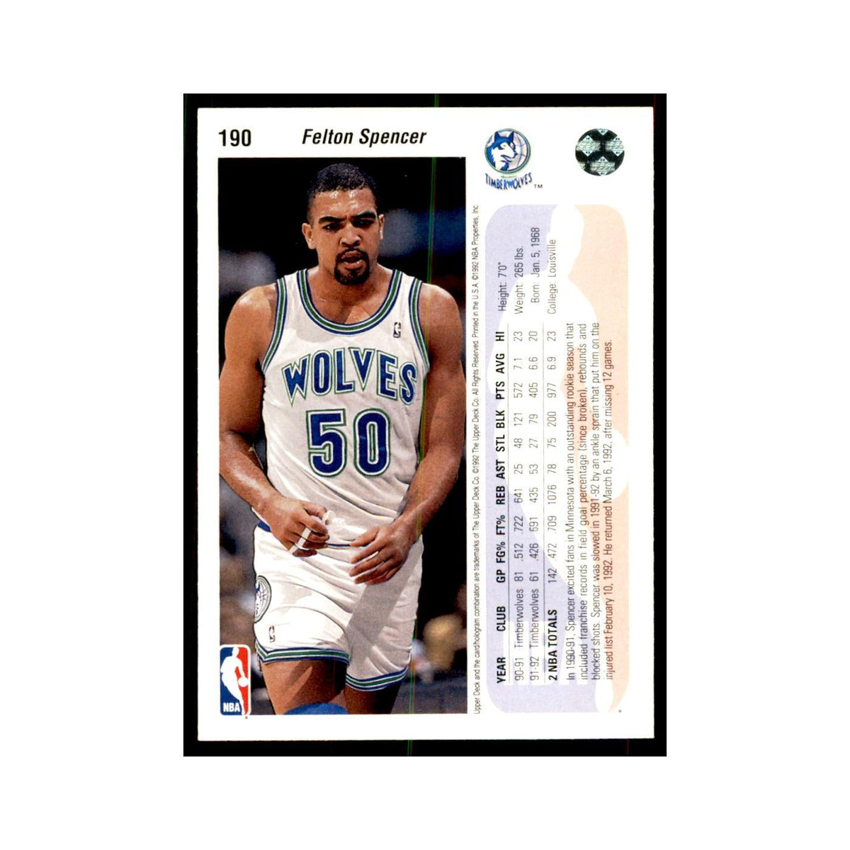 1992 Upper Deck Felton Spencer Basketball Cards #190