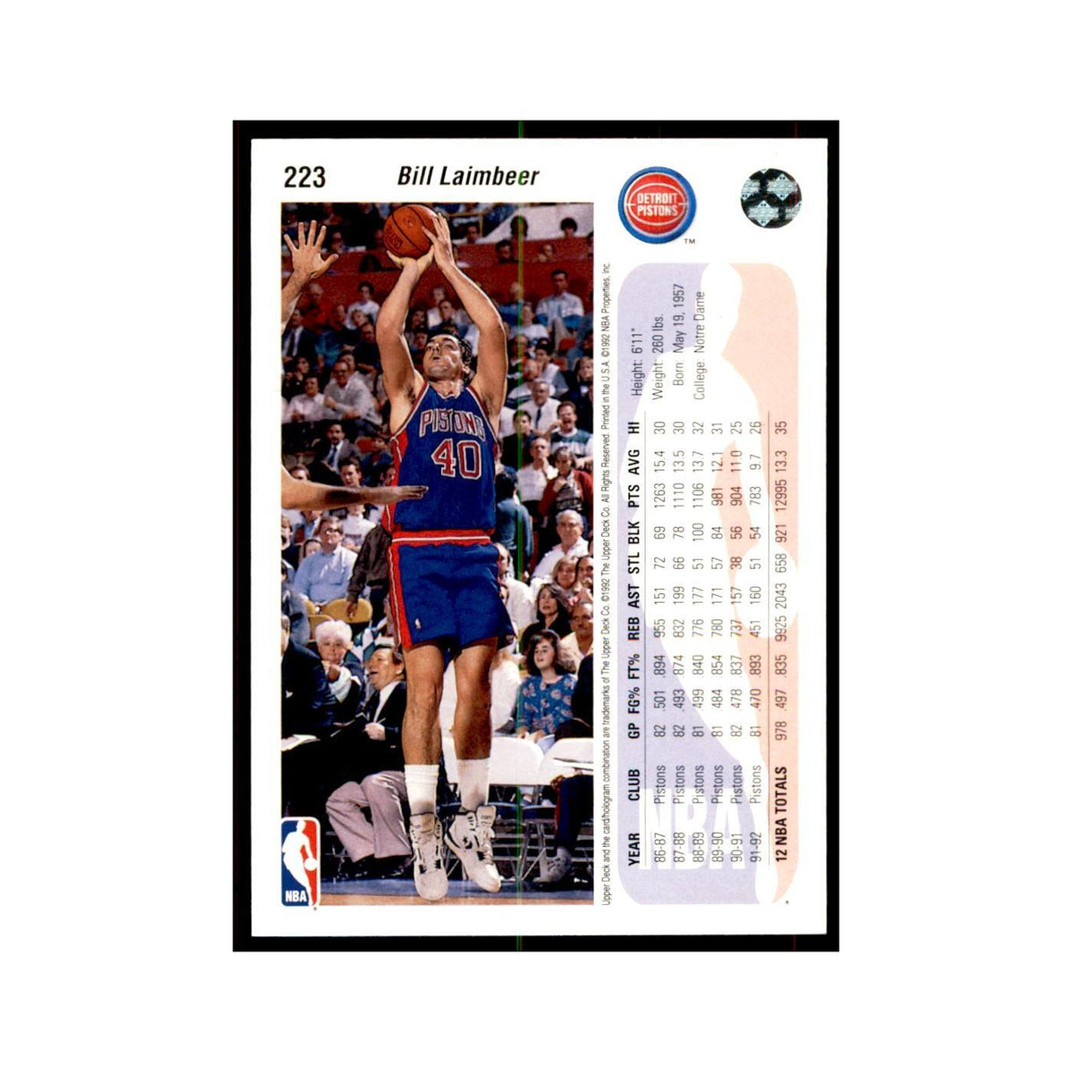 1992 Upper Deck Bill Laimbeer Basketball Cards #223