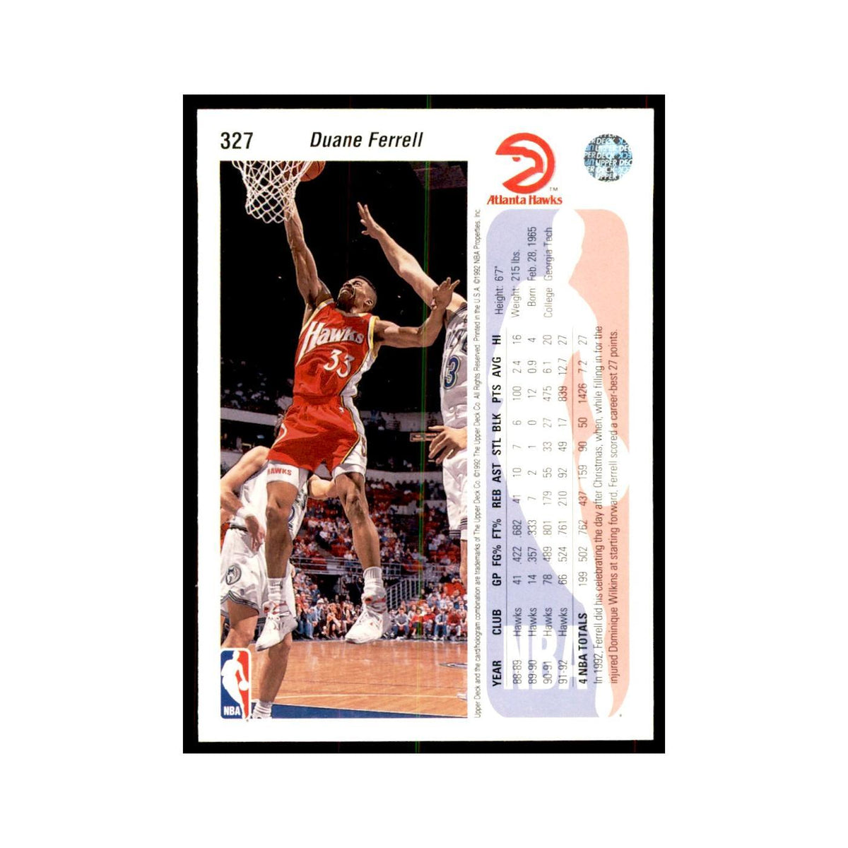 1992 Upper Deck Duane Ferrell Basketball Cards #327