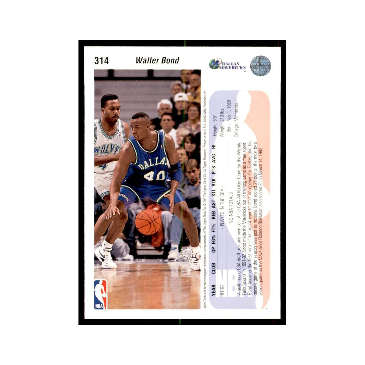 1992 Upper Deck Walter Bond Basketball Cards #314