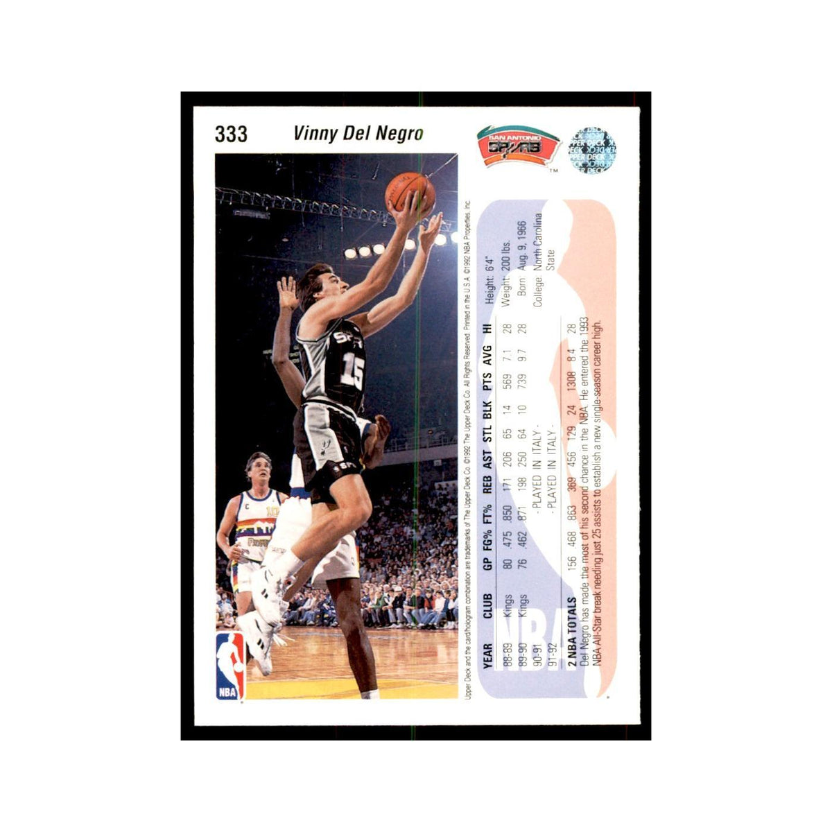 1992 Upper Deck Vinny Del Negro Basketball Cards #333