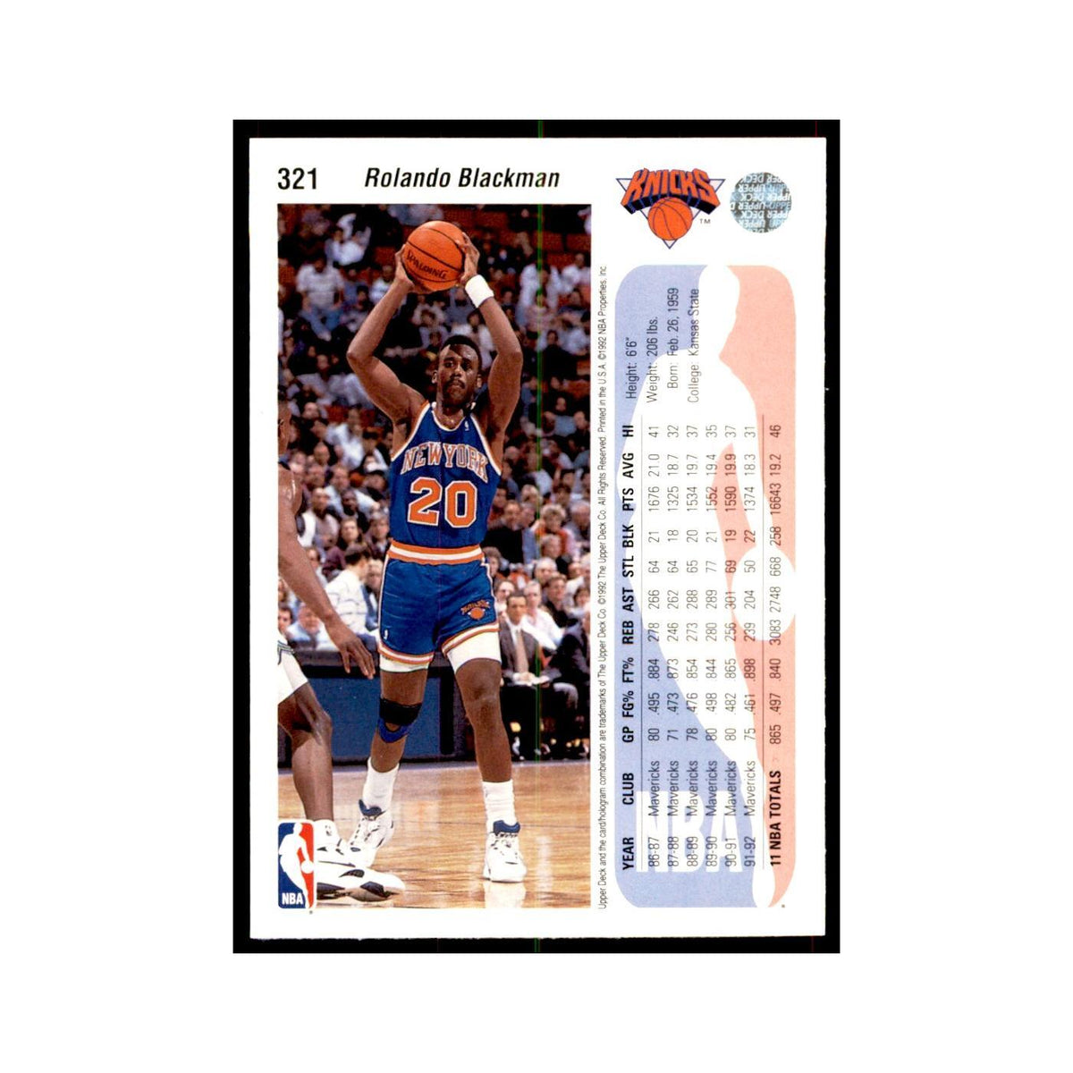 1992 Upper Deck Rolando Blackman Basketball Cards #321