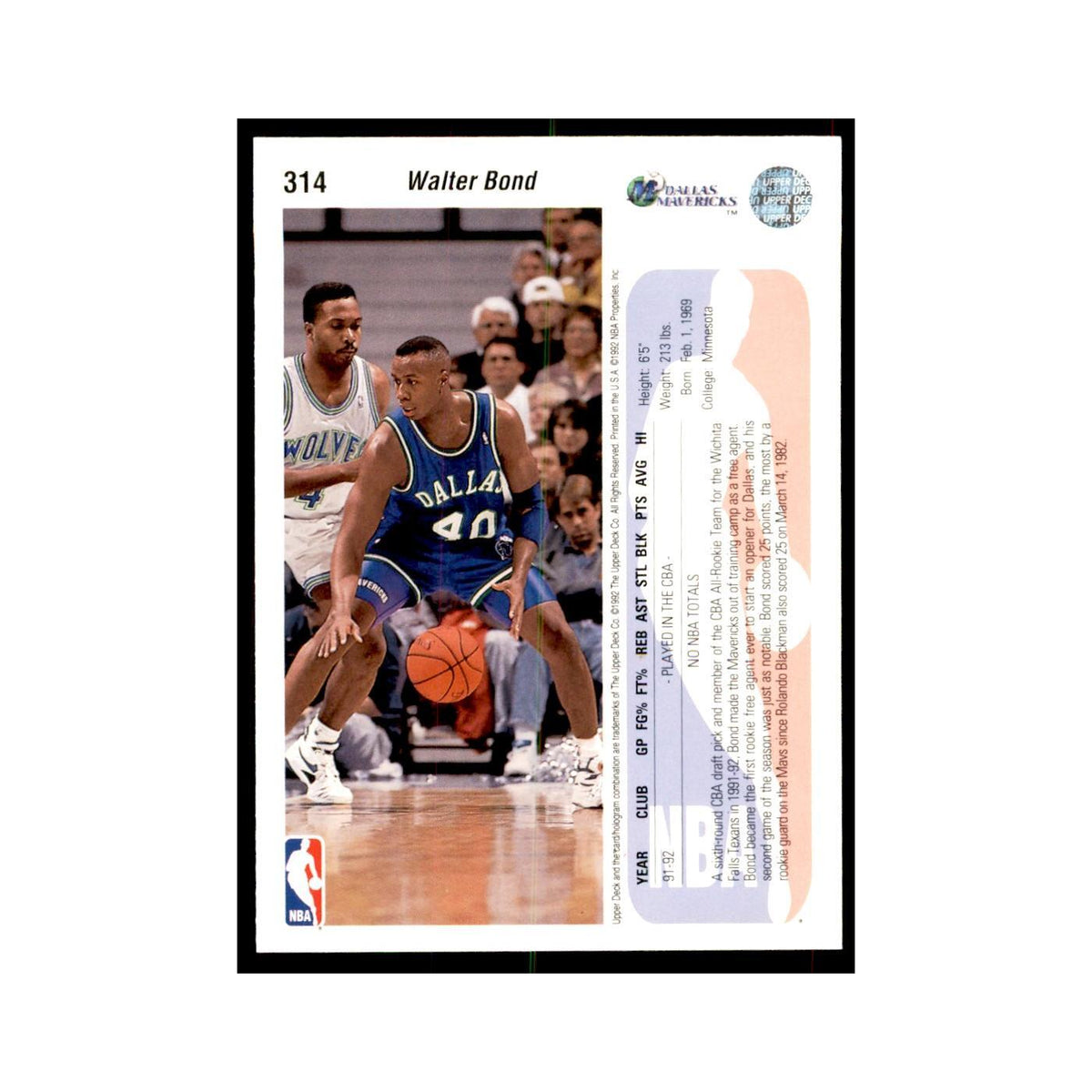 1992 Upper Deck Walter Bond Basketball Cards #314