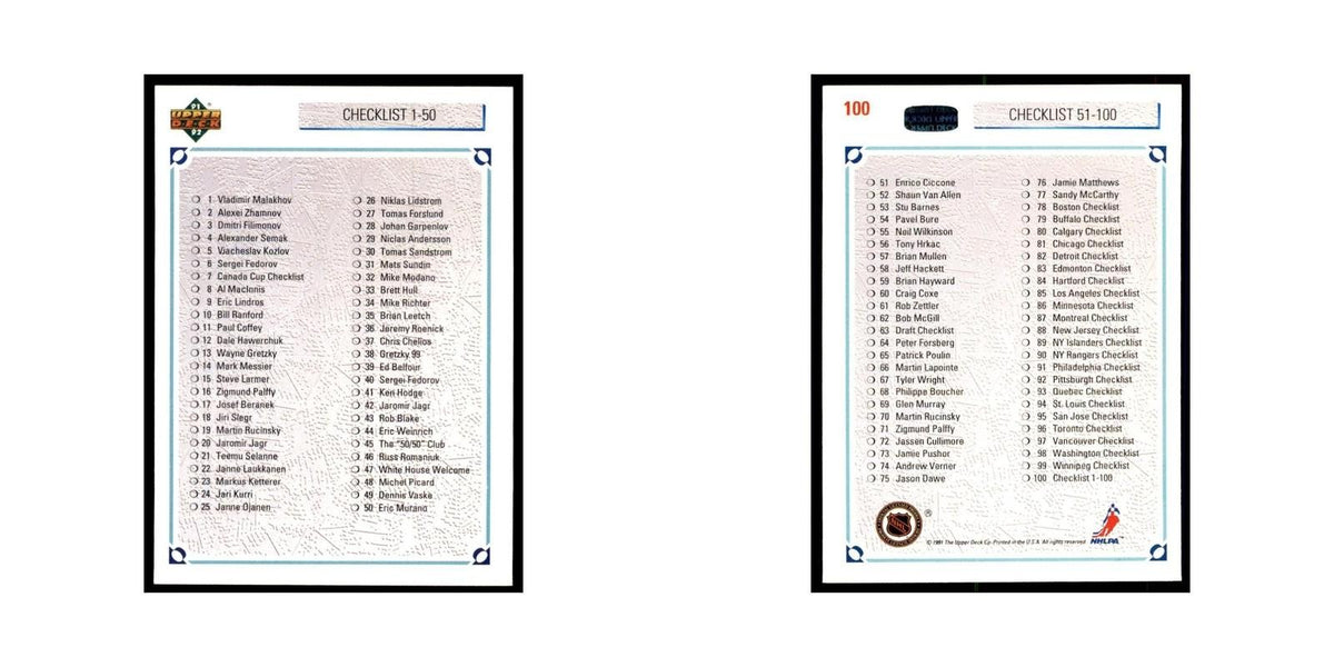 1991 Upper Deck Checklist 1-100 Hockey Cards #100