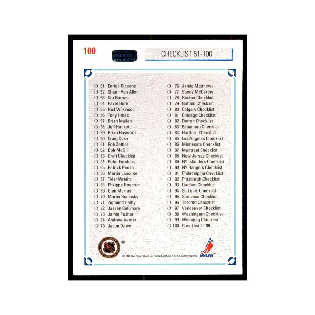 1991 Upper Deck Checklist 1-100 Hockey Cards #100