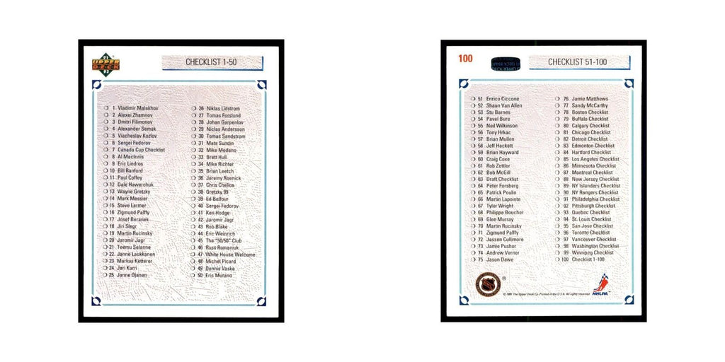 1991 Upper Deck Checklist 1-100 Hockey Cards #100