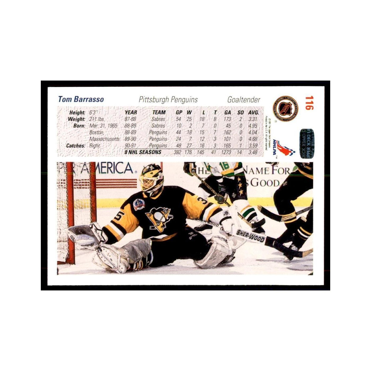 1991 Upper Deck Tom Barrasso Hockey Cards #116
