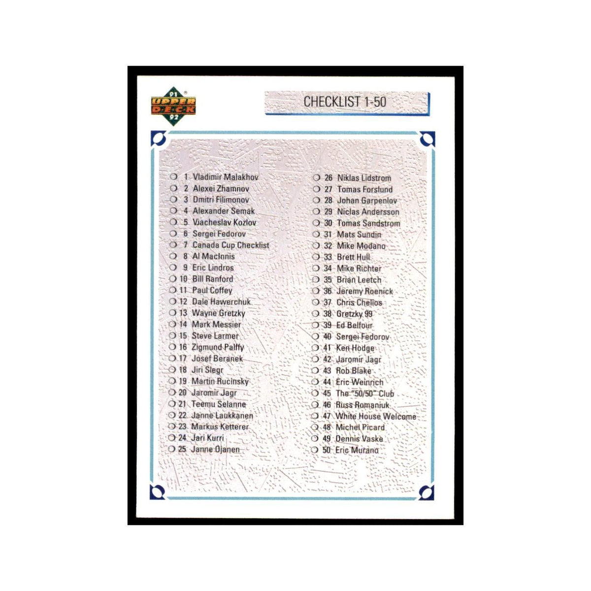 1991 Upper Deck Checklist 1-100 Hockey Cards #100
