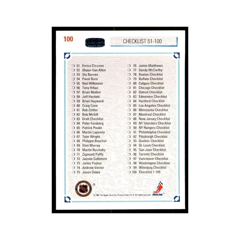 1991 Upper Deck Checklist 1-100 Hockey Cards #100