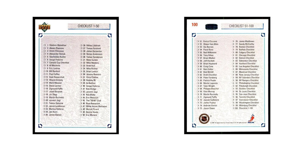 1991 Upper Deck Checklist 1-100 Hockey Cards #100