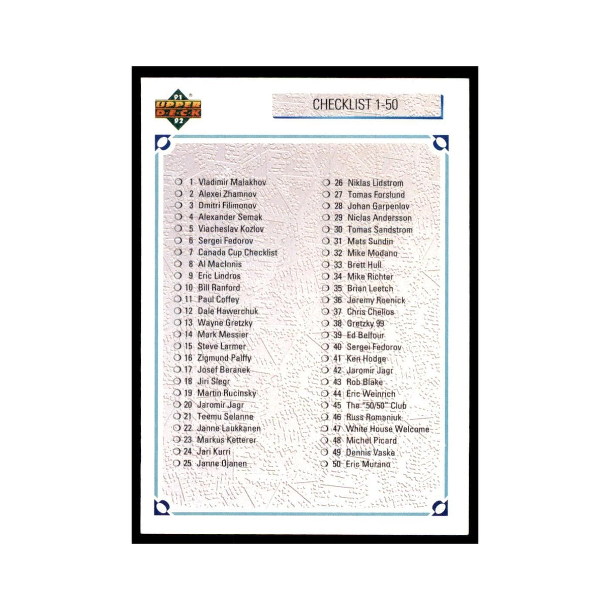 1991 Upper Deck Checklist 1-100 Hockey Cards #100