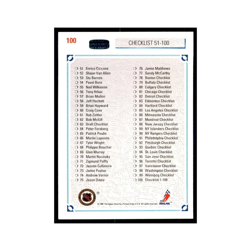 1991 Upper Deck Checklist 1-100 Hockey Cards #100
