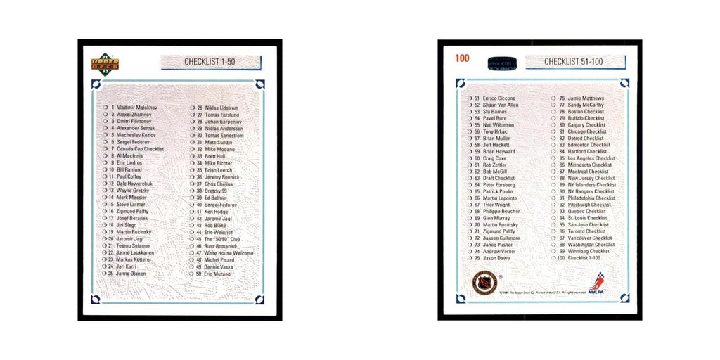1991 Upper Deck Checklist 1-100 Hockey Cards #100
