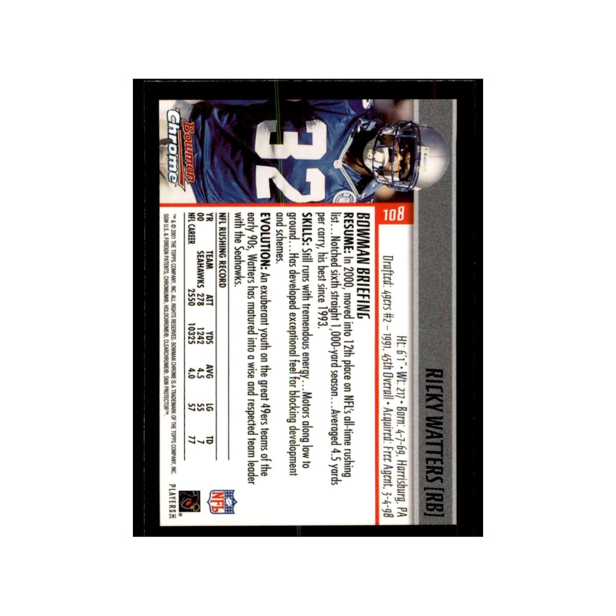 2001 Bowman Chrome Ricky Watters Football Cards #108
