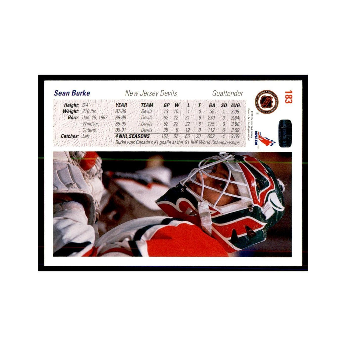 1991 Upper Deck Sean Burke Hockey Cards #183
