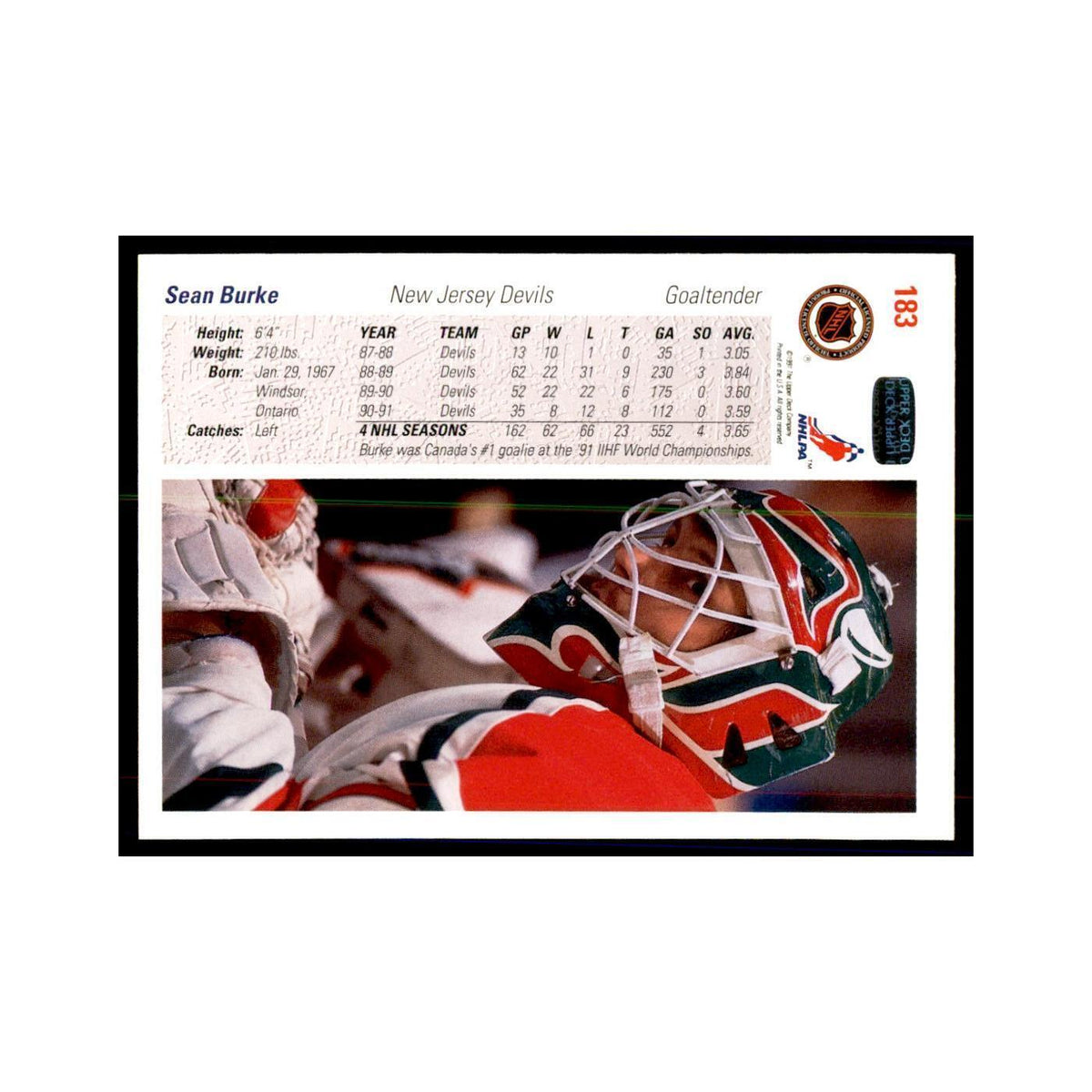 1991 Upper Deck Sean Burke Hockey Cards #183