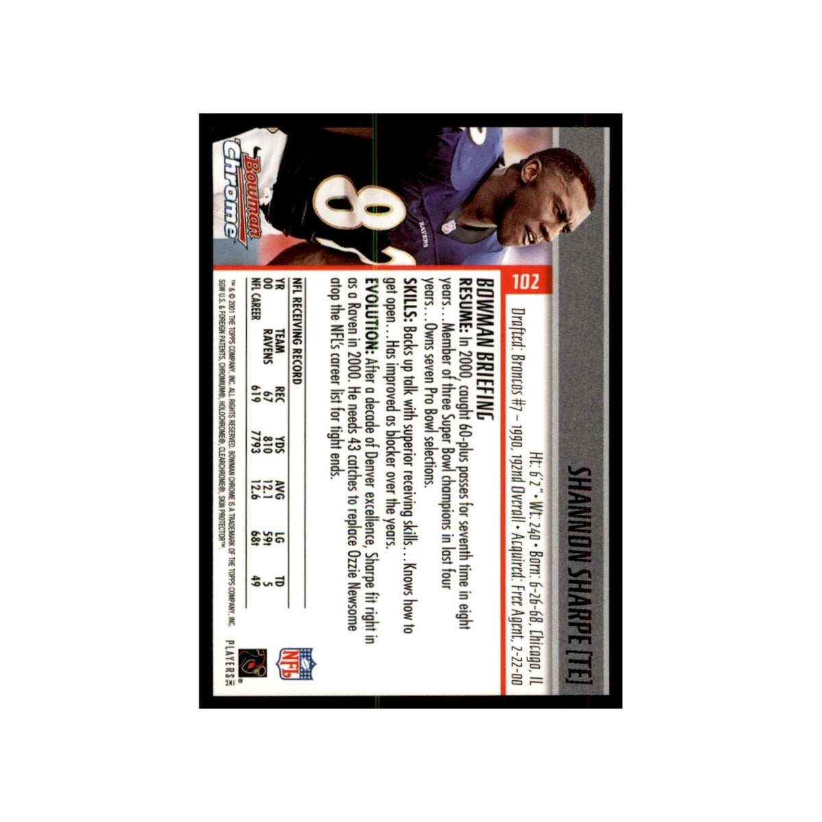 2001 Bowman Chrome Shannon Sharpe Football Cards #102