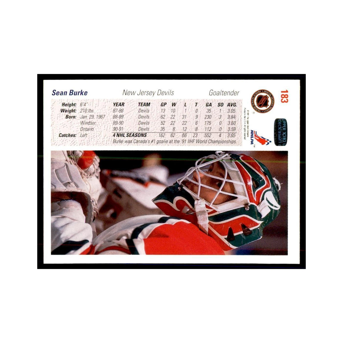 1991 Upper Deck Sean Burke Hockey Cards #183