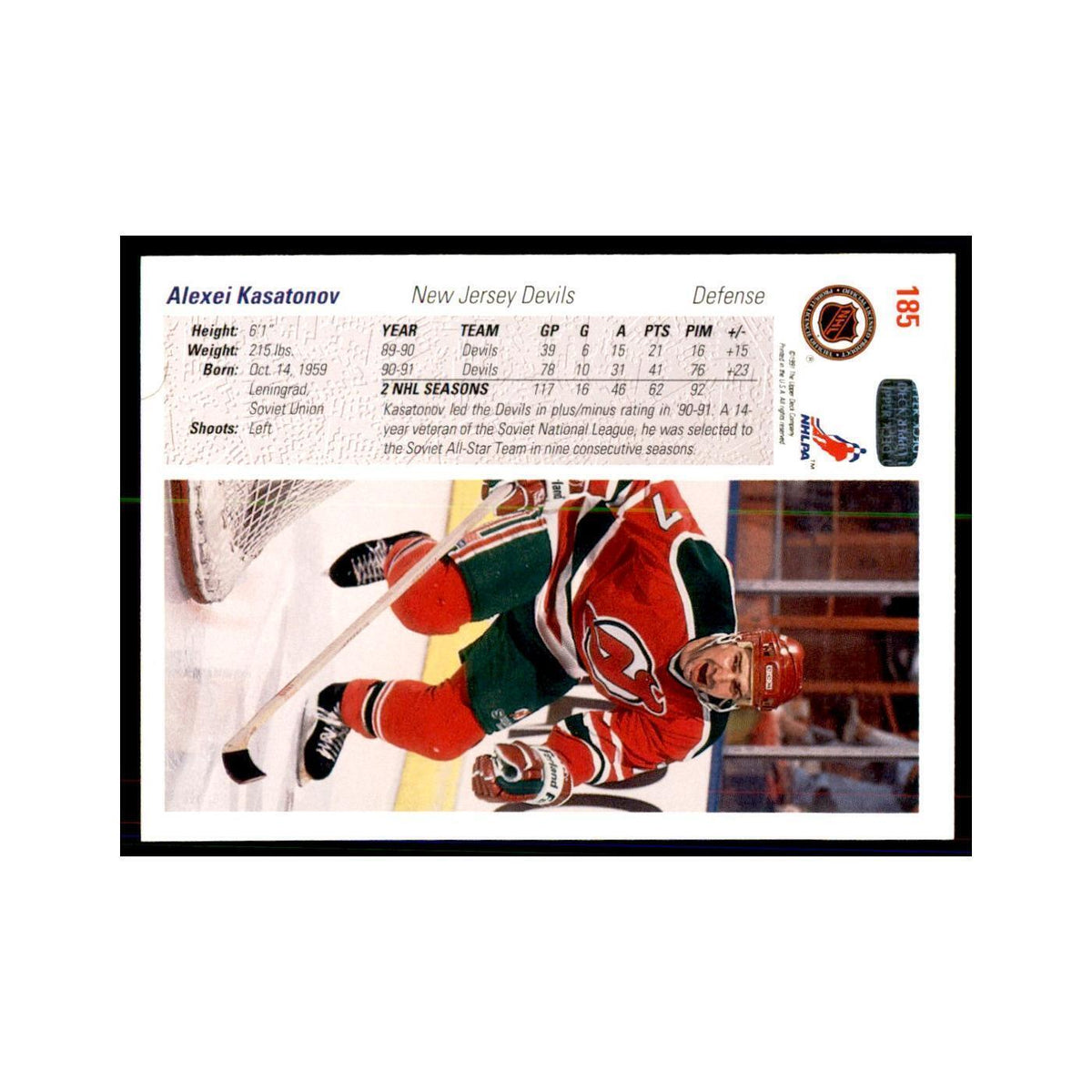 1991 Upper Deck Alexei Kasatonov Hockey Cards #185