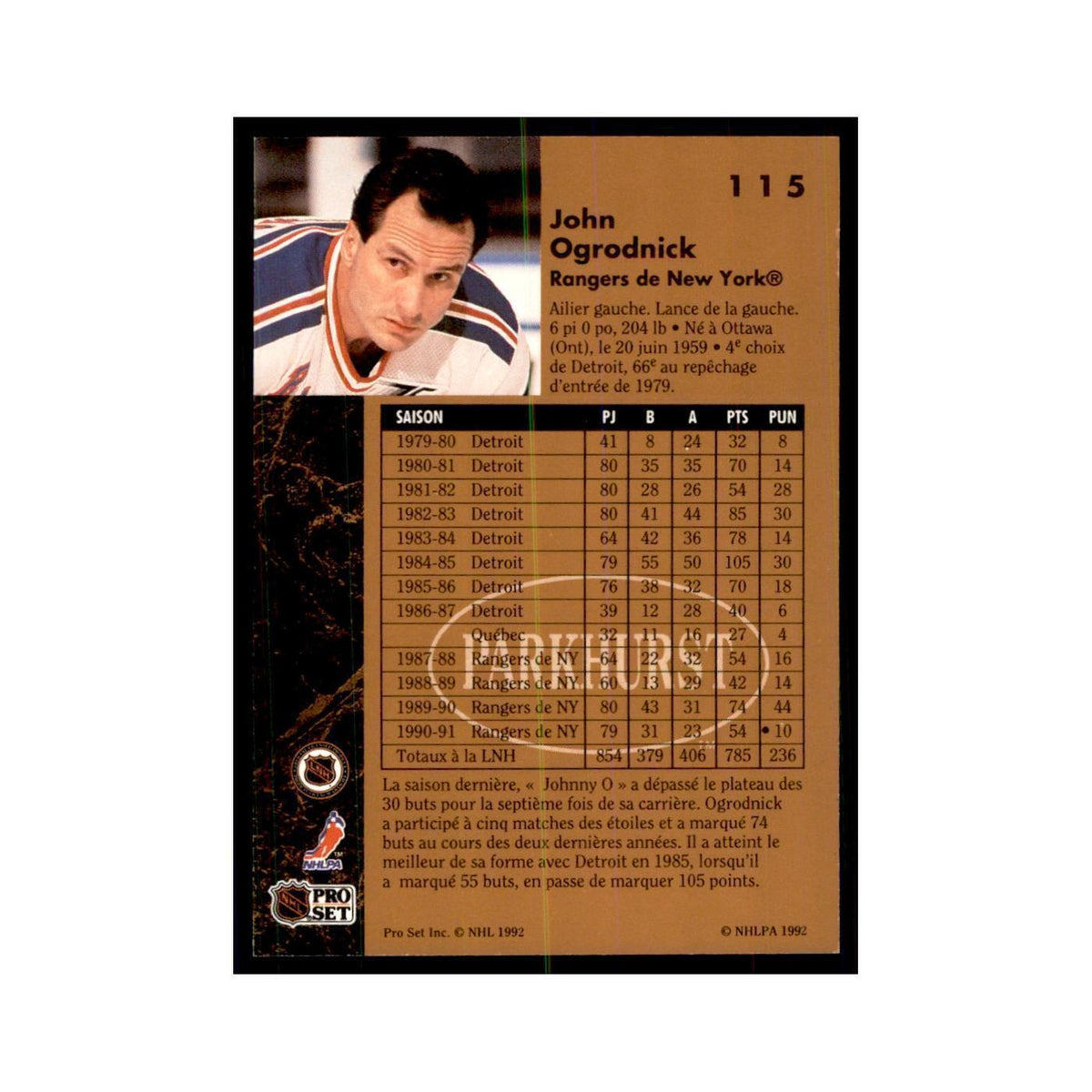 1991 Parkhurst French John Ogrodnick Hockey Cards #115