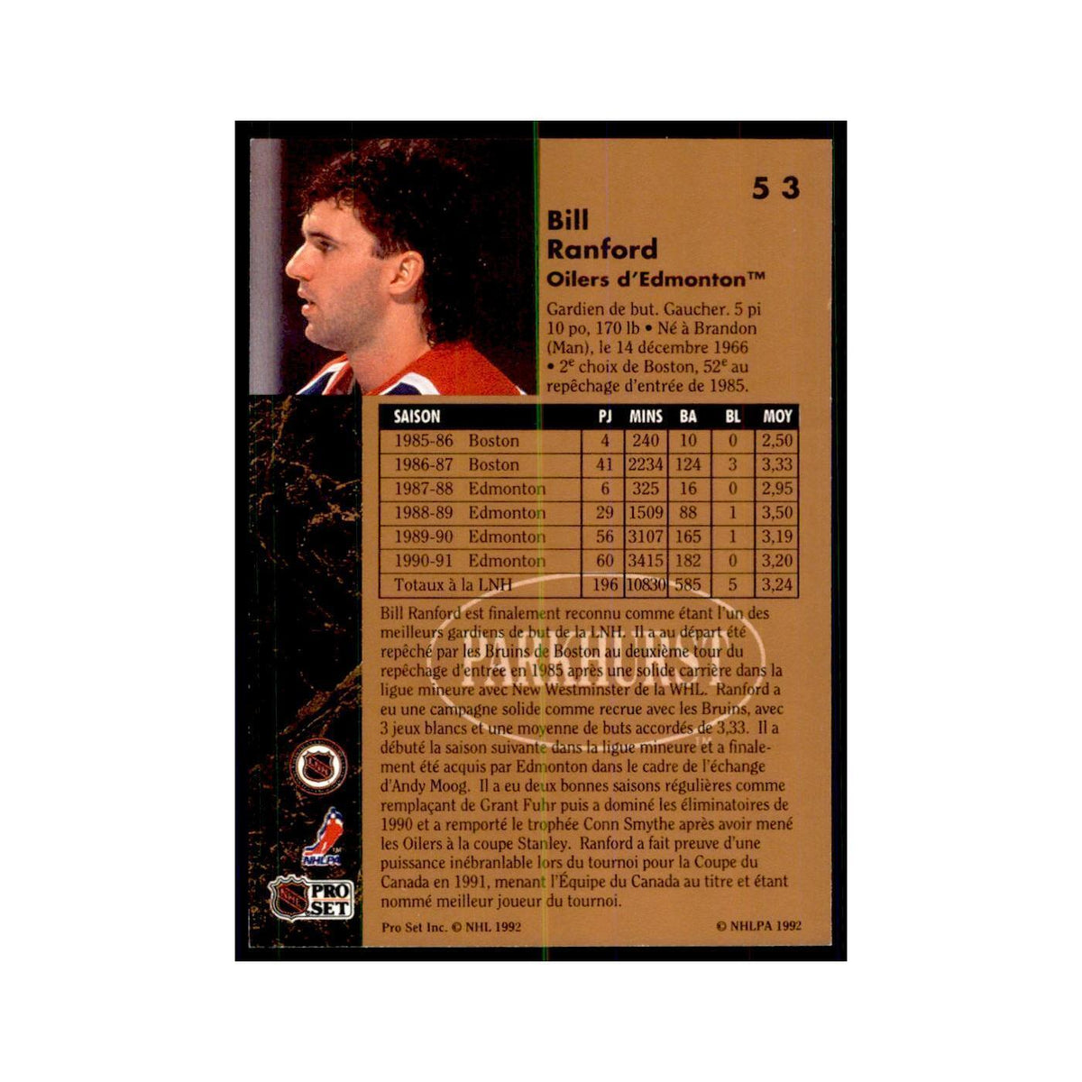 1991 Parkhurst French Bill Ranford Hockey Cards #53