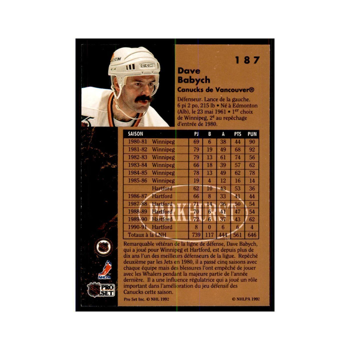 1991 Parkhurst French Dave Babych Hockey Cards #187