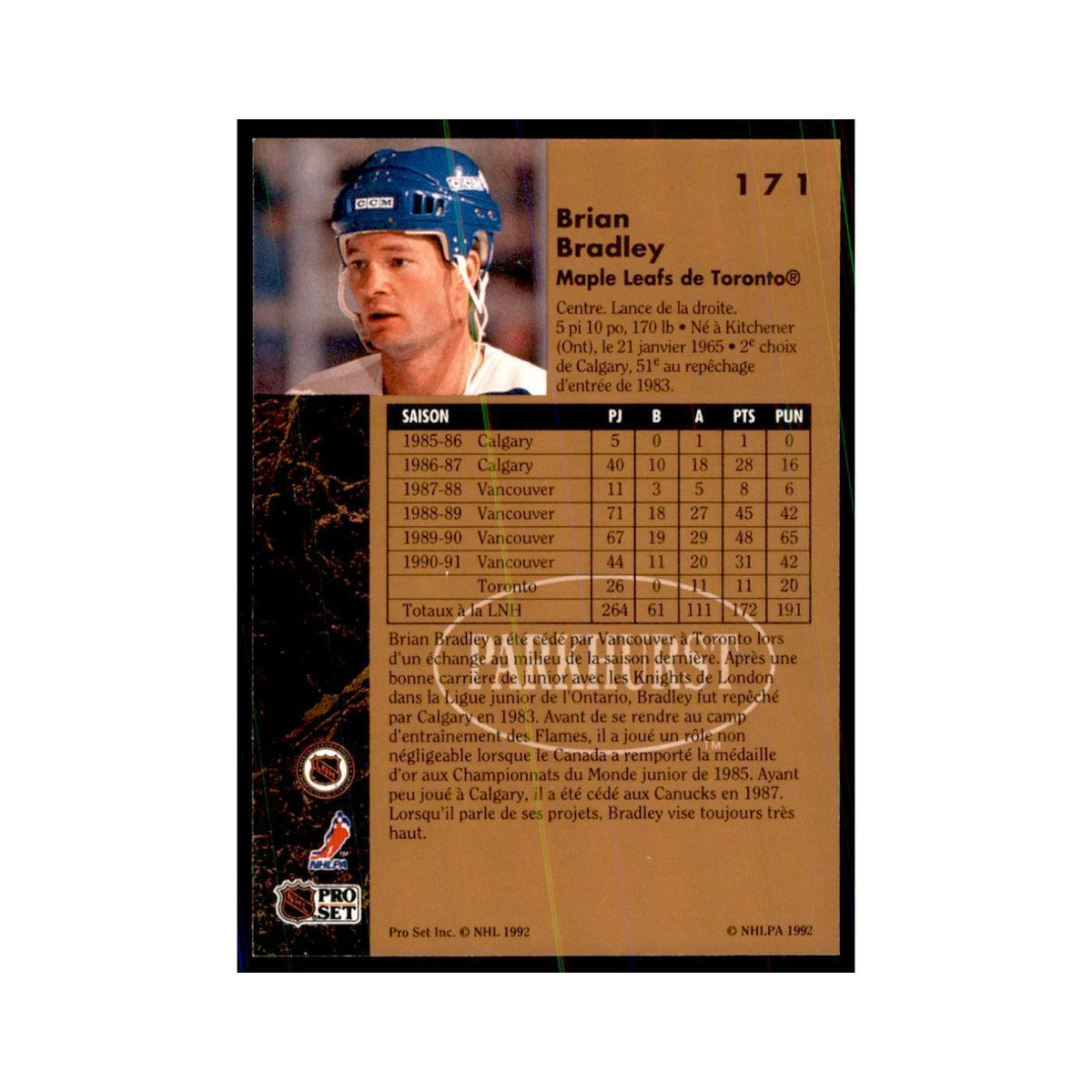 1991 Parkhurst French Brian Bradley Hockey Cards #171