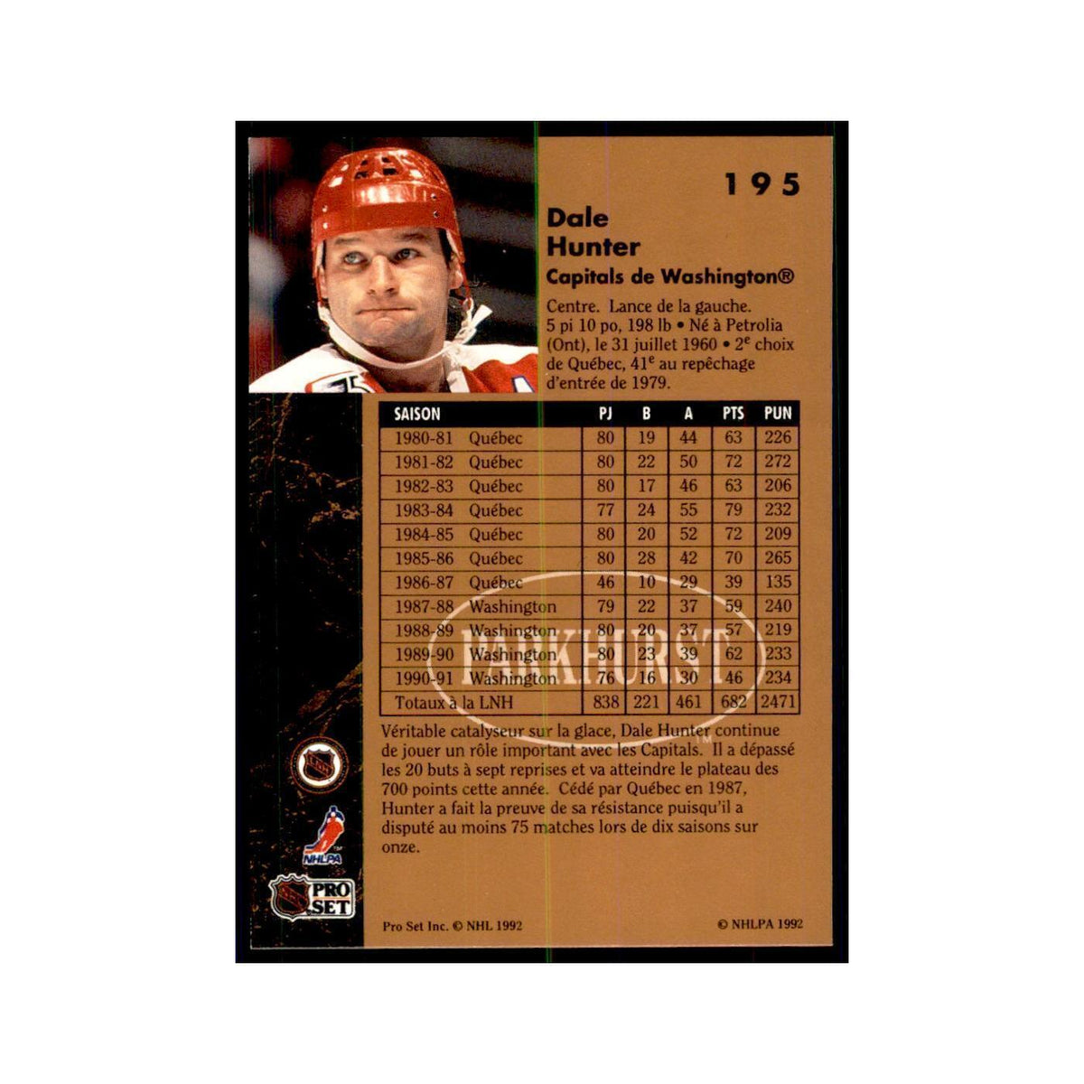 1991 Parkhurst French Dale Hunter Hockey Cards #195