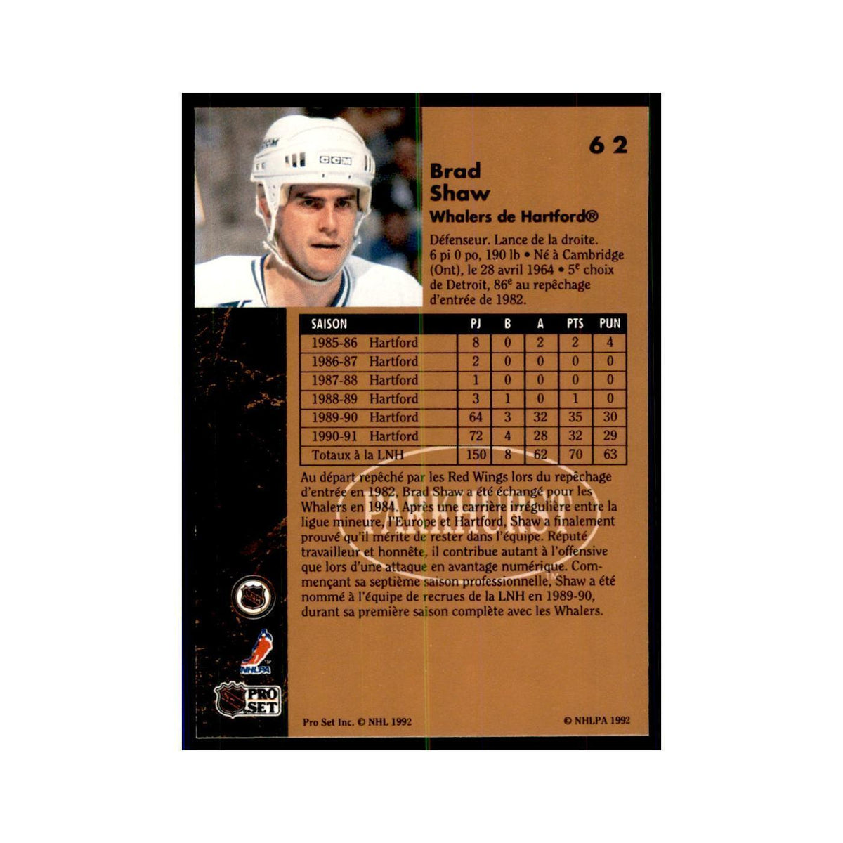 1991 Parkhurst French Brad Shaw Hockey Cards #62